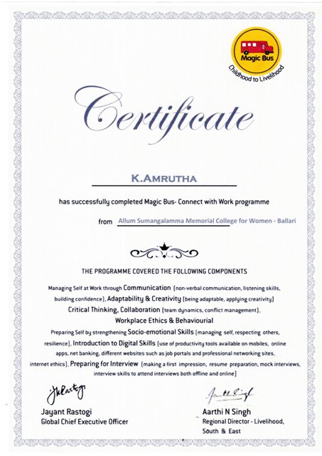Amrutha Certficate Magic Bus