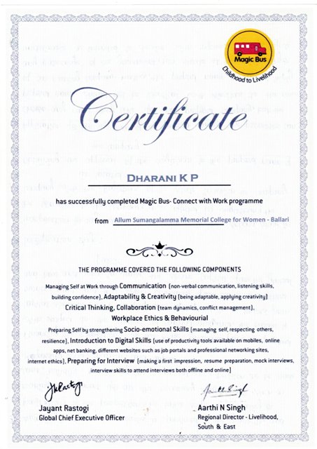 Dharani Certificate Magic Bus